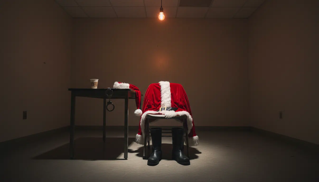 Costume de père Noël et menottes dans une salle d'interrogatoire