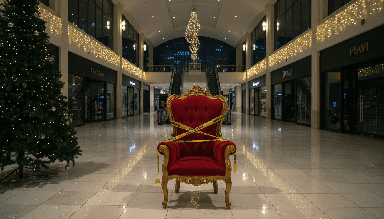 Trône de père Noël vide dans un centre commercial avec ruban de police
