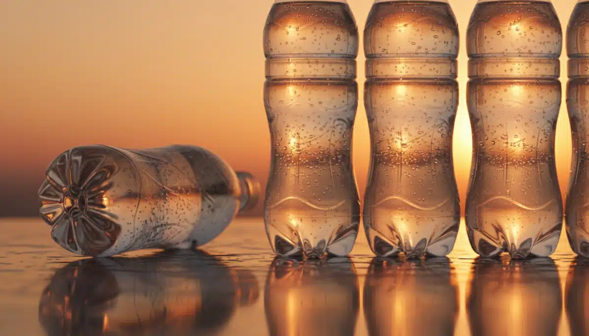 Fond bombé de bouteilles en plastique transparent alignées