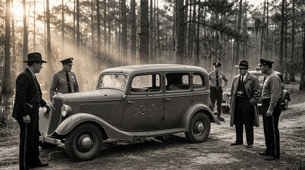 Ford V8 criblée de balles sur une route de Louisiane en 1934