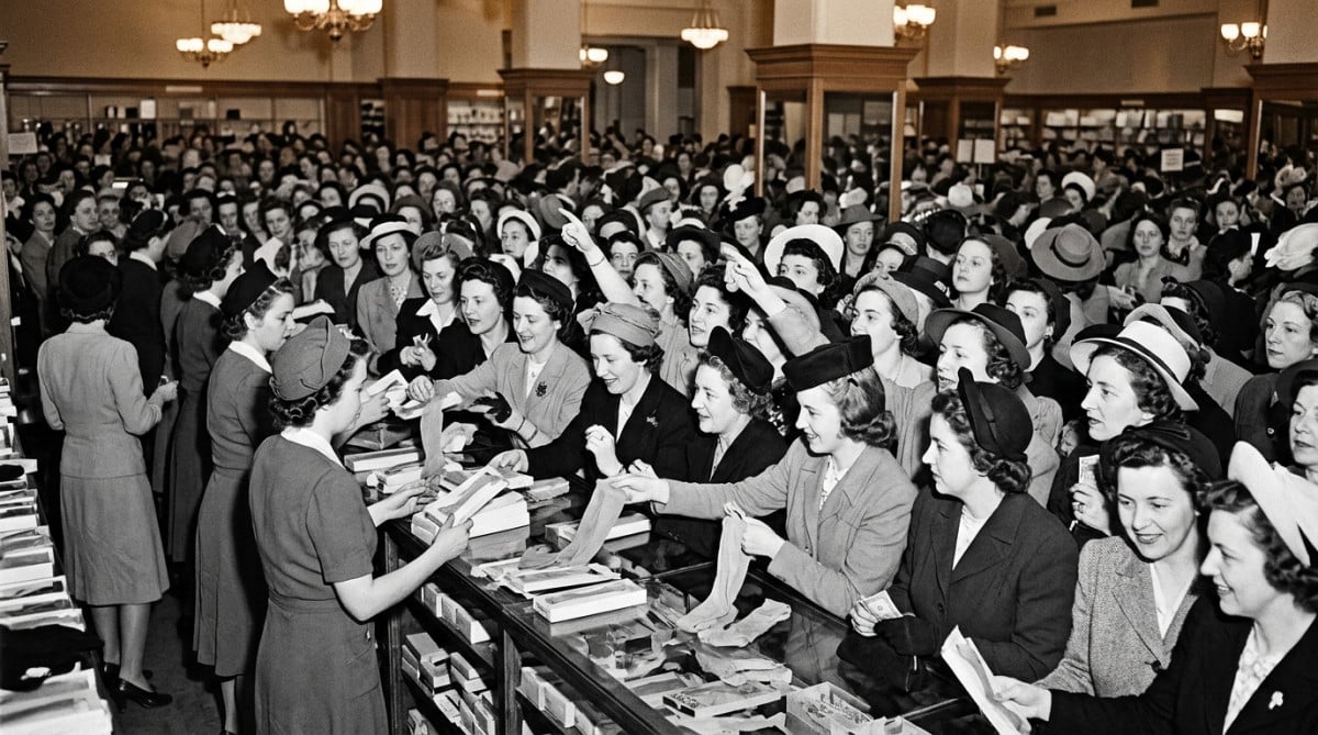 Foule de femmes dans un grand magasin américain pour acheter des bas nylon en 1940