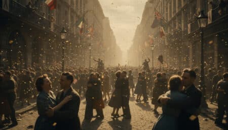 Foule en liesse dans une rue européenne en 1945 fêtant la victoire