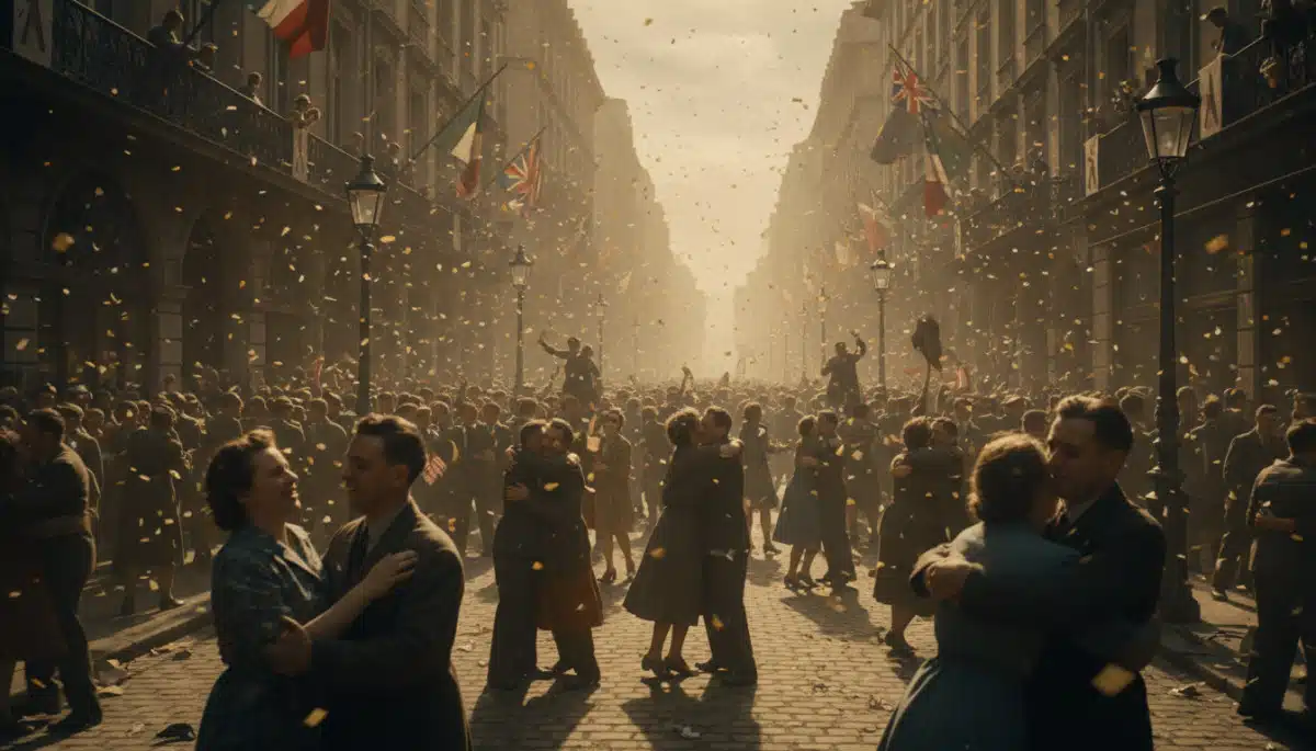 Foule en liesse dans une rue européenne en 1945 fêtant la victoire
