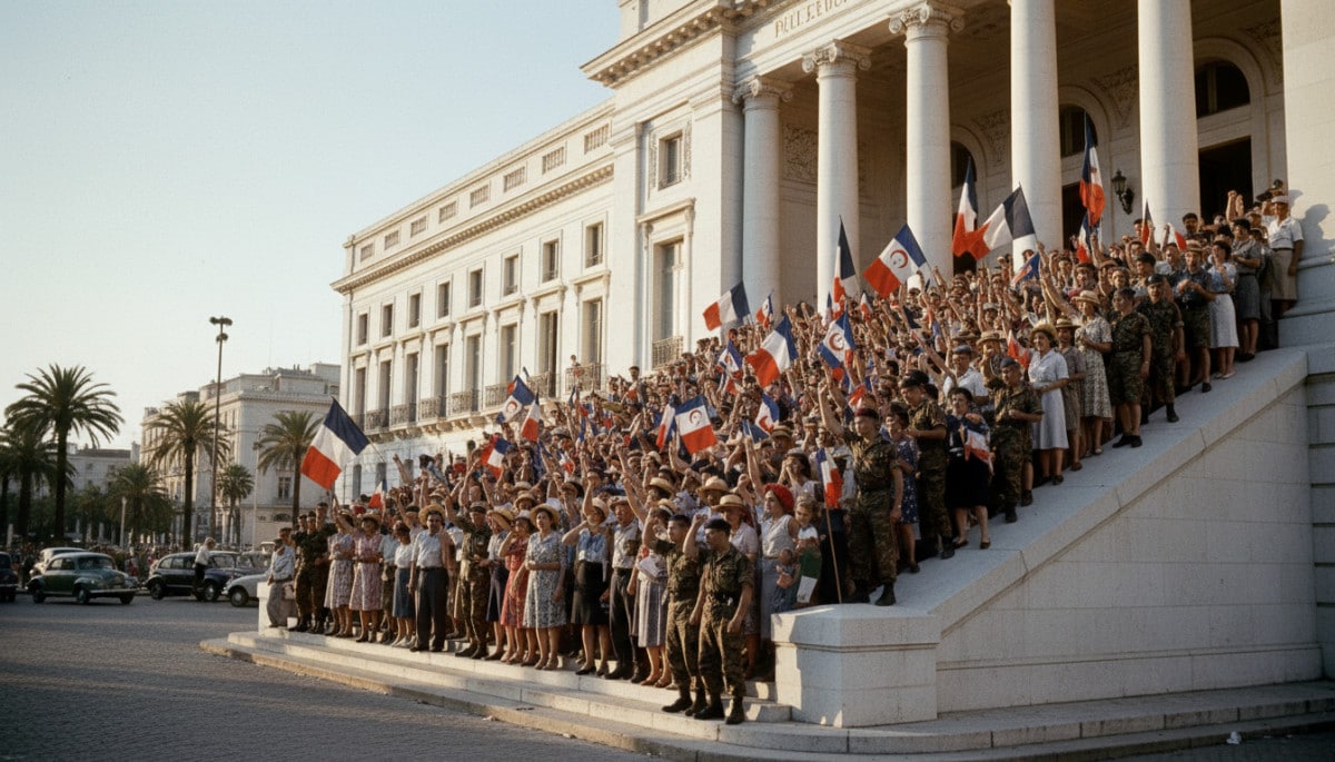 Foule et militaires devant le gouvernement général à Alger en 1958
