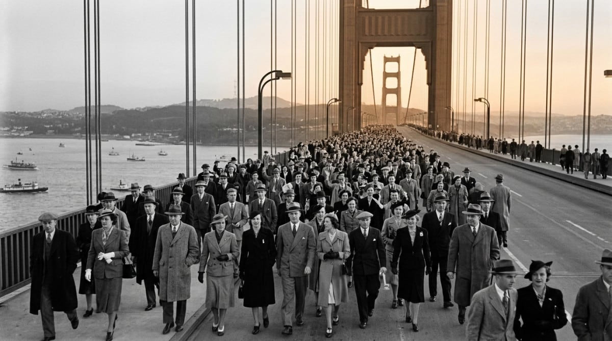 Foule traversant le Golden Gate Bridge le jour de son inauguration en 1937