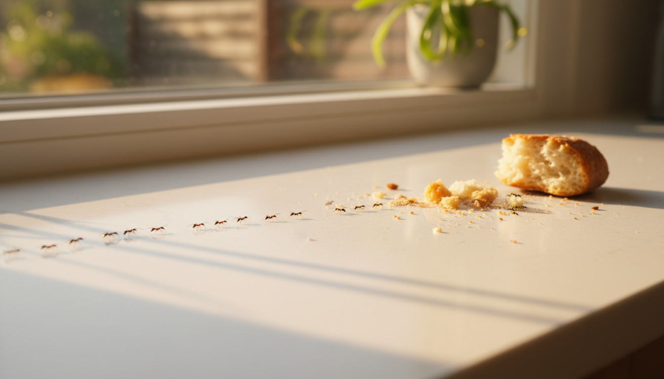 File de fourmis noires sur un plan de travail de cuisine
