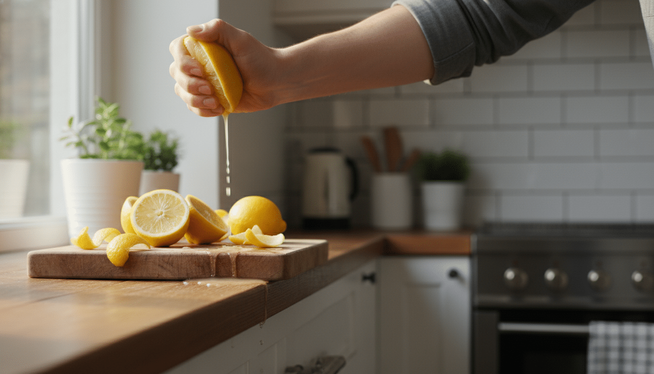 Main pressant un citron sur le rebord d'une fenêtre de cuisine