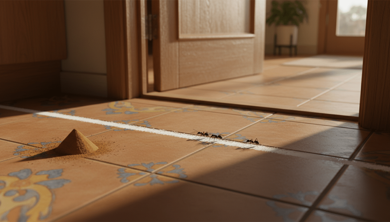 Trait de craie et cannelle bloquant des fourmis sur le carrelage