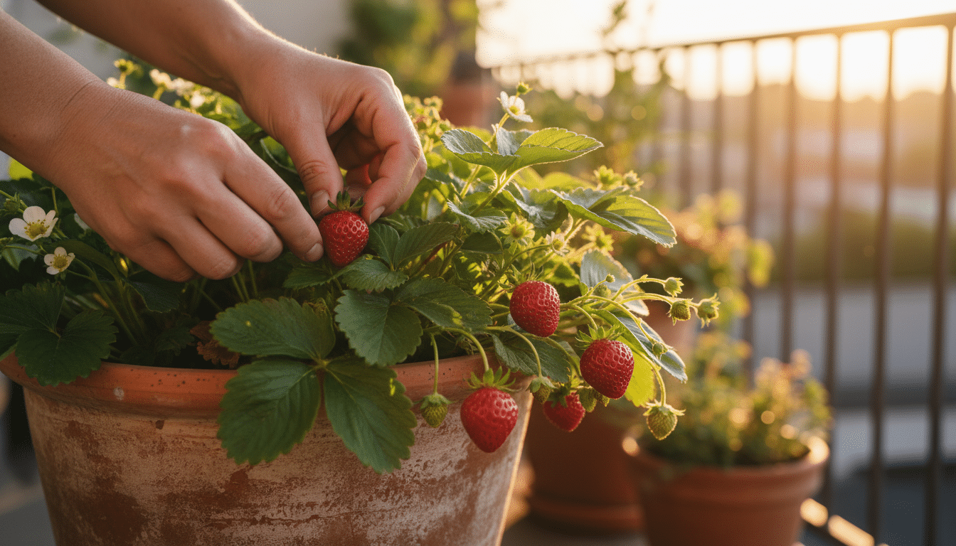Cueillette de fraises mûres dans un pot sur un balcon