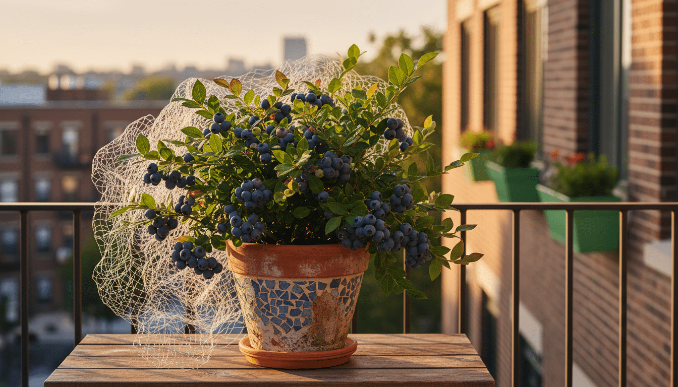 Myrtillier en pot avec baies bleues sur une terrasse urbaine