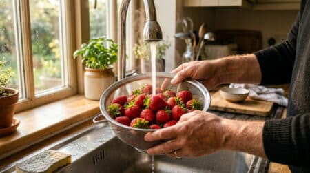 Fraises rincées sous l'eau tiède dans une passoire