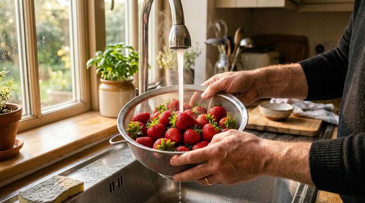 Fraises rincées sous l'eau tiède dans une passoire