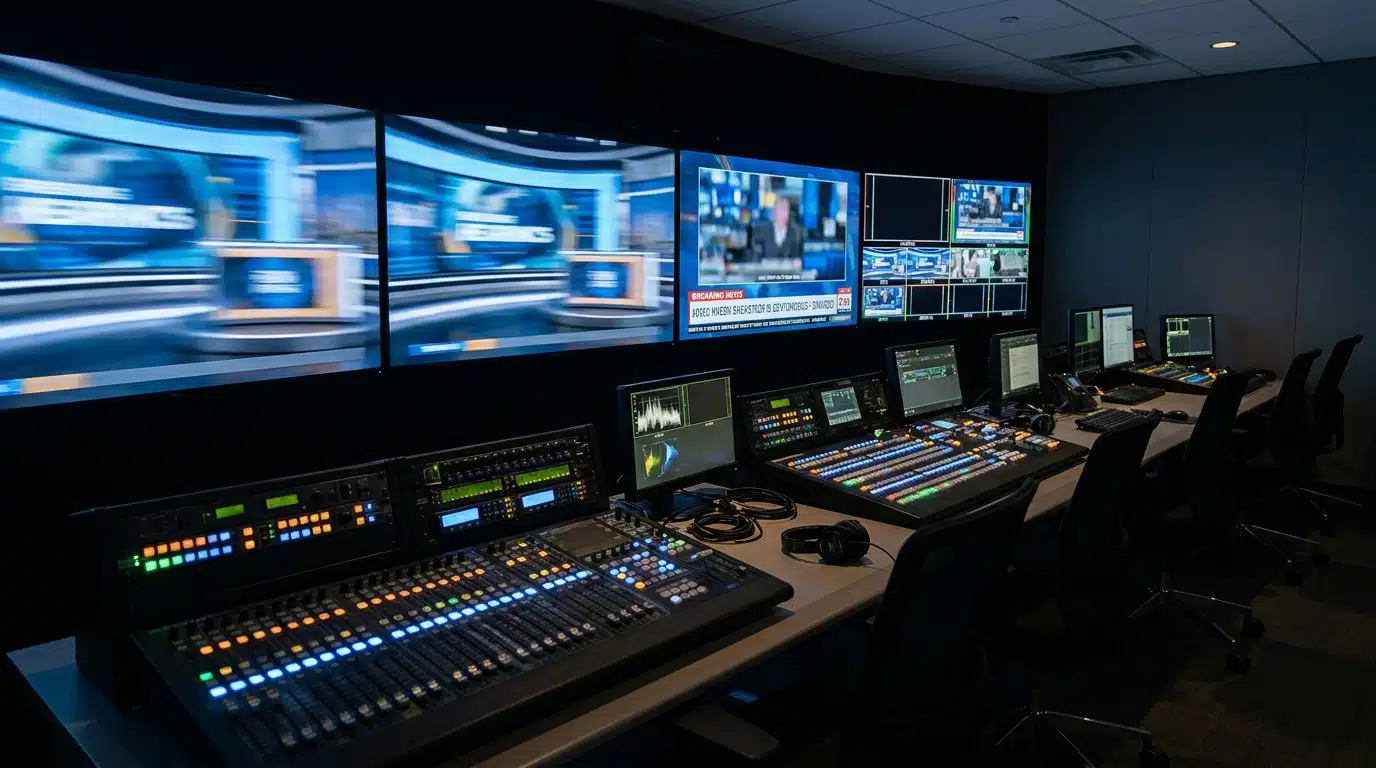 Régie télévision avec écrans de contrôle et consoles affichant un flux flouté