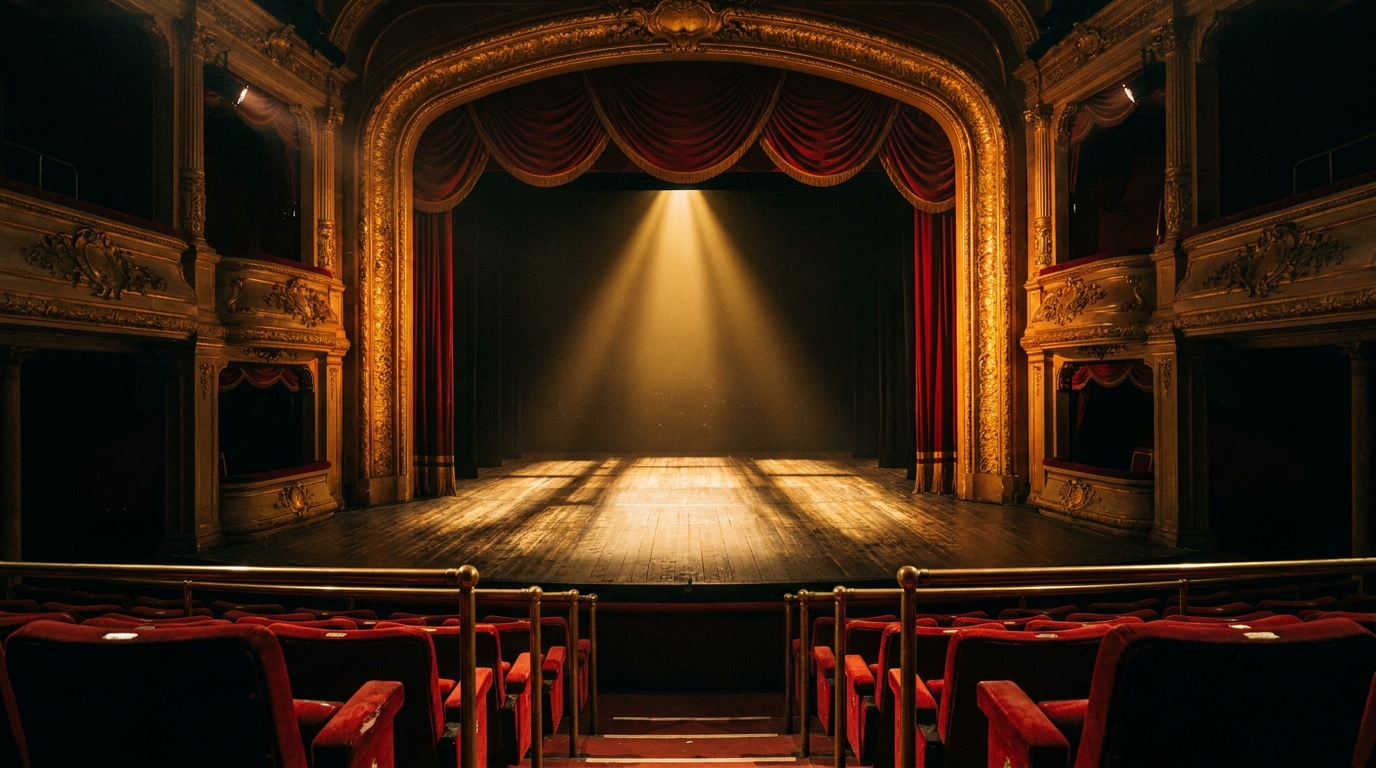 Scène de théâtre français vide sous un projecteur doré