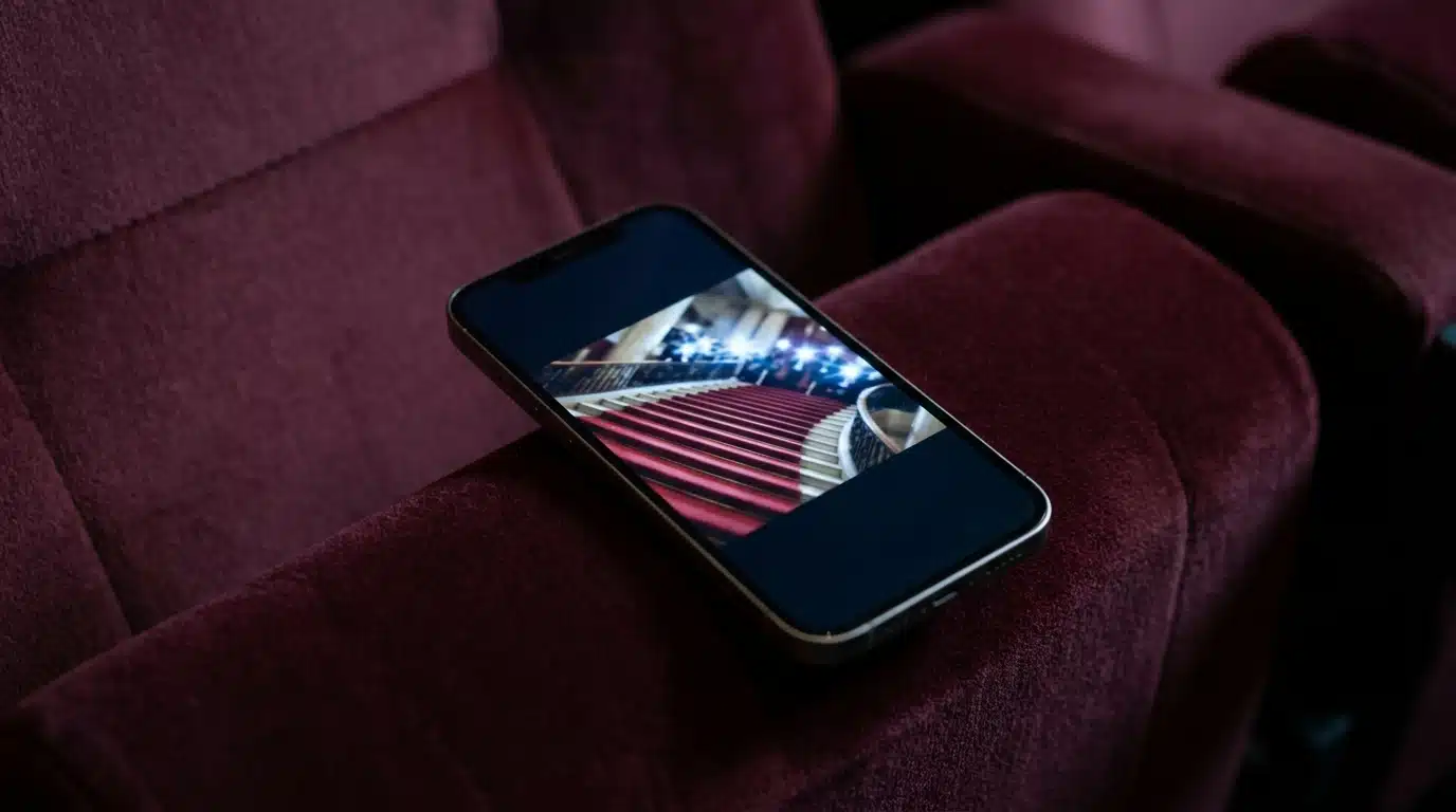 Smartphone posé sur un siège de cinéma montrant une silhouette floue sur un escalier de tapis rouge illuminé de flashs