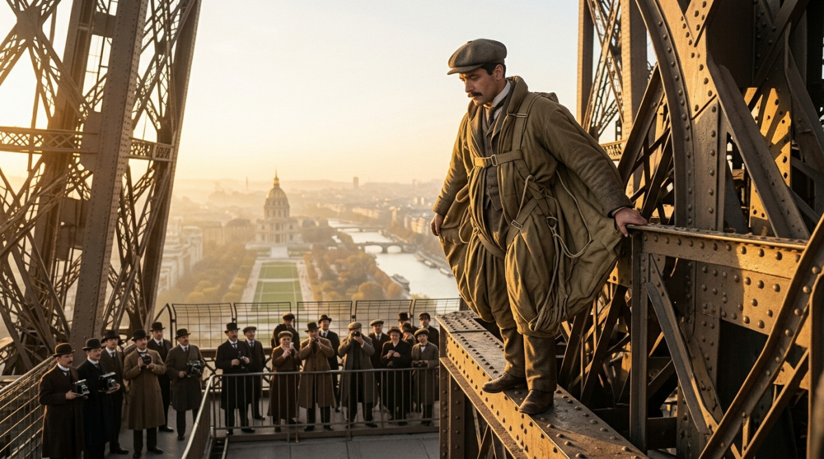 Franz Reichelt sur la tour Eiffel avec sa cape-parachute en 1912