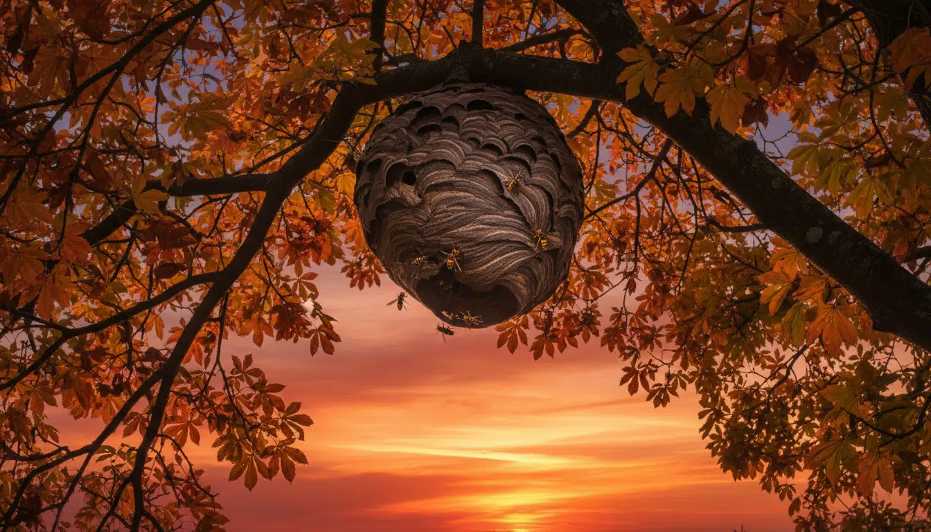 Nid secondaire géant de frelon asiatique dans un arbre