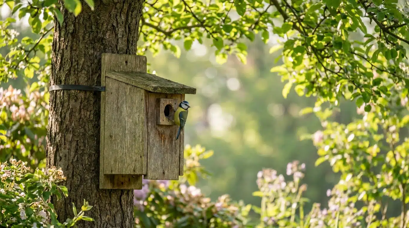 Mésange bleue posée à l'entrée d'un nichoir en bois au printemps