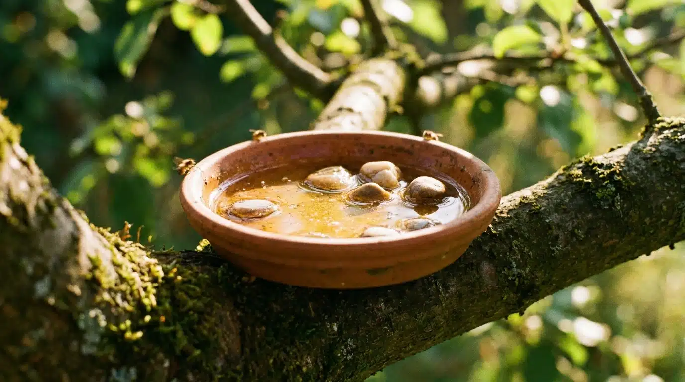 Coupelle d'eau sucrée avec cailloux posée sur une branche au soleil