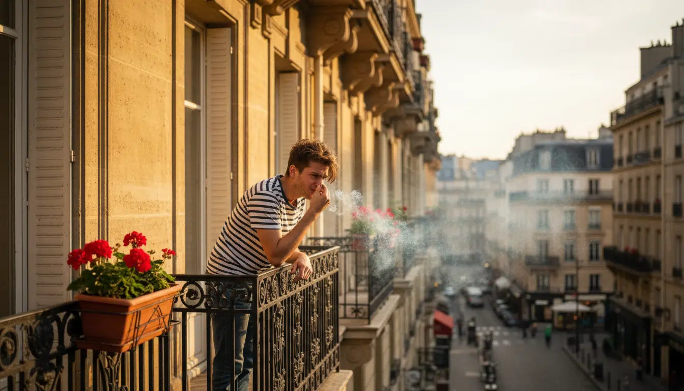 Fumée de cigarette montant entre deux balcons d'immeuble