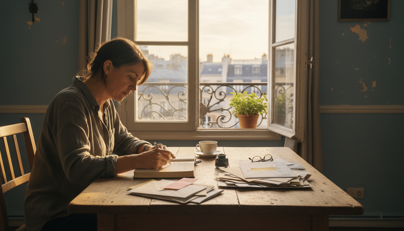 Personne notant des nuisances dans un journal à sa table