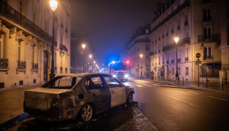 Voiture calcinée sur un parking de nuit à Villeurbanne