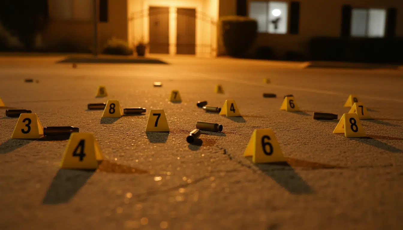 Douilles de balles sur un parking avec marqueurs de police