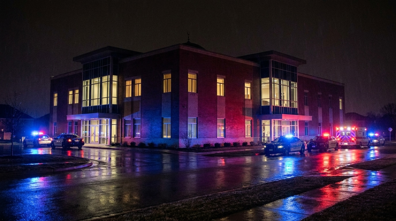 Centre islamique éclairé par des gyrophares de police la nuit
