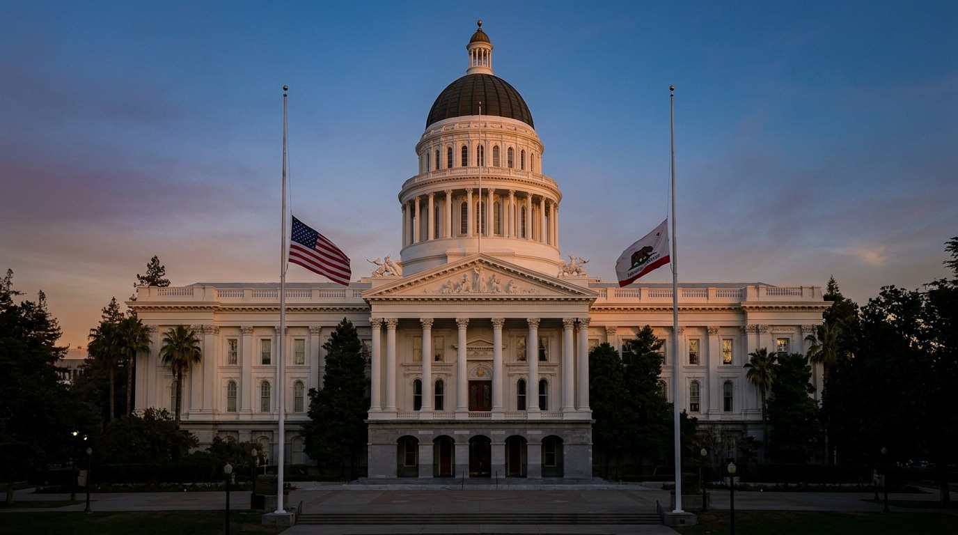 Drapeaux en berne devant le Capitole de Californie au crépuscule