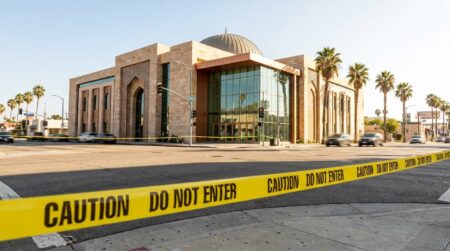Façade d'un centre islamique en Californie avec ruban de police