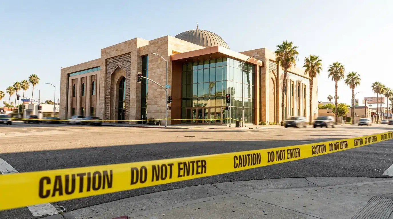 Façade d'un centre islamique en Californie avec ruban de police