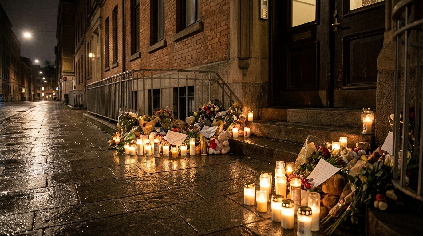 Bougies et fleurs déposées en hommage aux victimes sur un trottoir