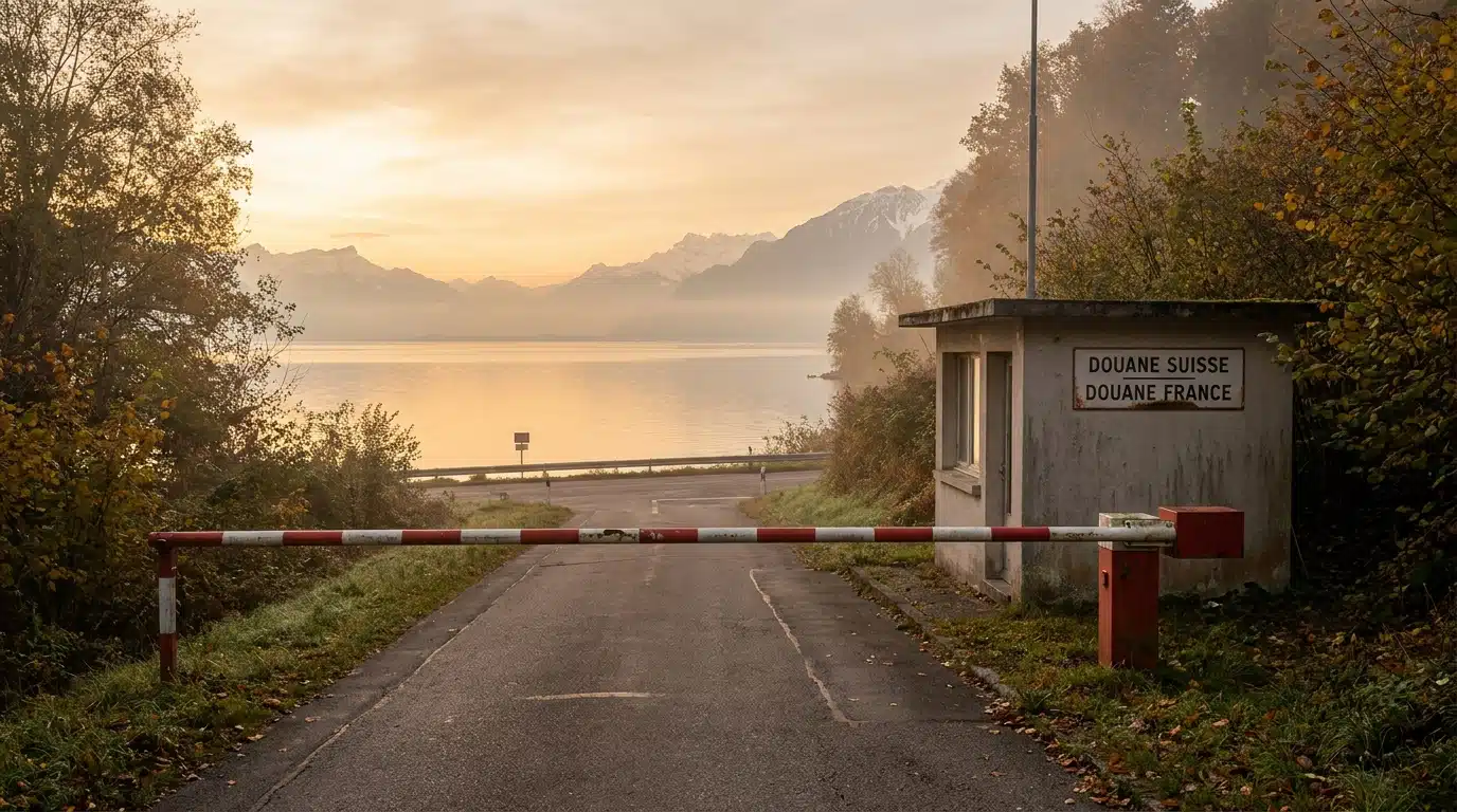 Barrière fermée à un poste-frontière suisse près du lac Léman