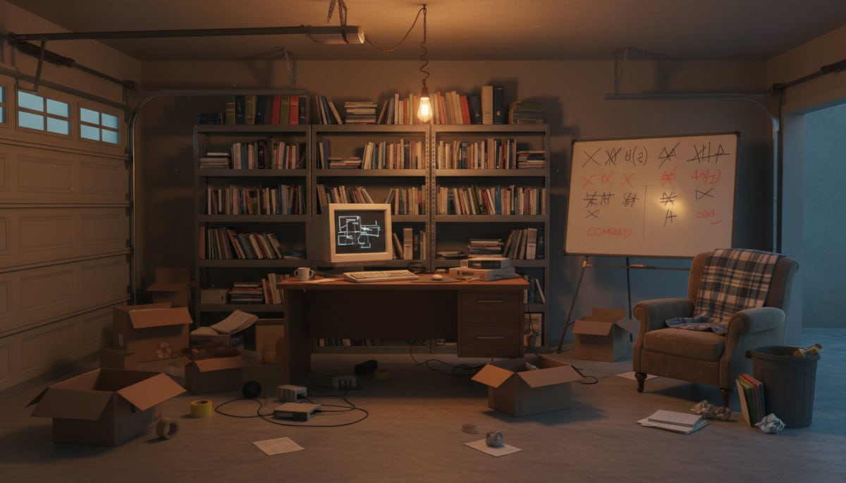 Garage transformé en bureau de startup avec cartons et livres