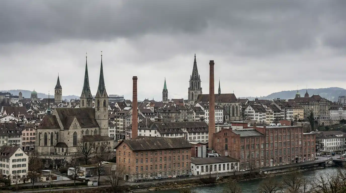 Vue panoramique d'une ville suisse sous ciel couvert