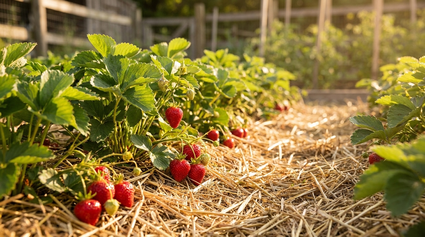 Plants de fraisiers avec fraises rouges sur paillis doré