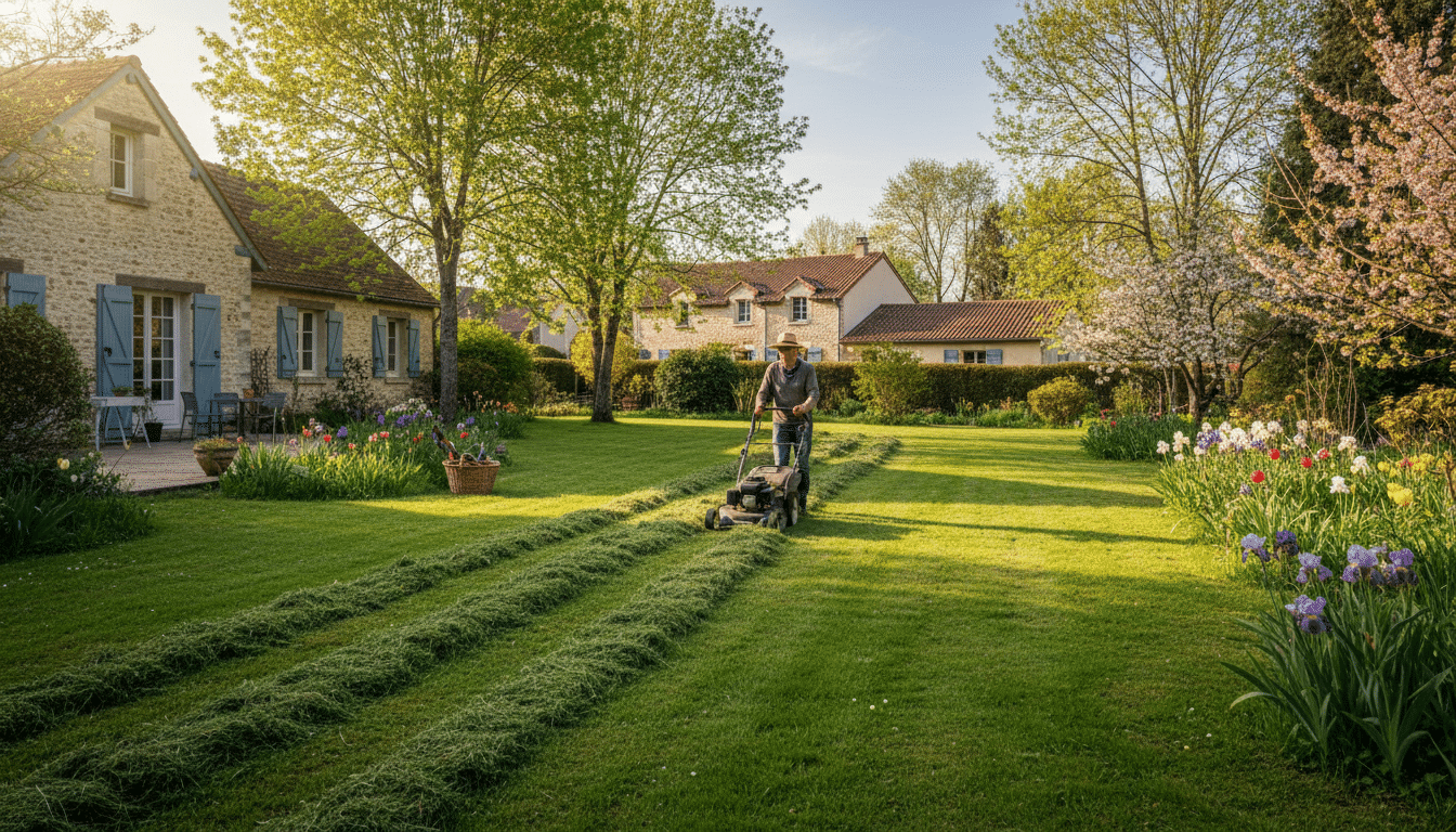 Tonte de pelouse au printemps dans un jardin
