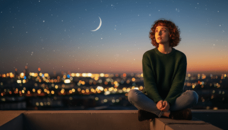 Femme contemplant le ciel étoilé au crépuscule doré