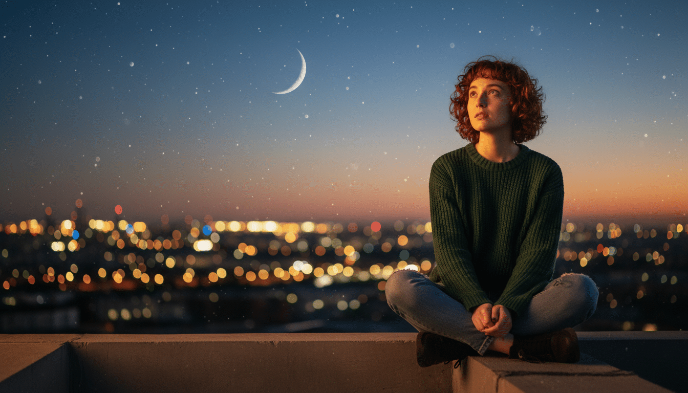 Femme contemplant le ciel étoilé au crépuscule doré