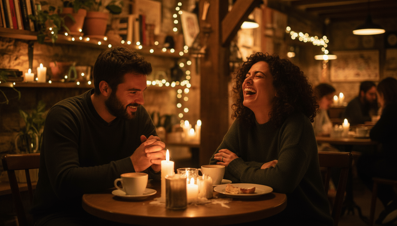 Couple riant dans un café éclairé aux bougies