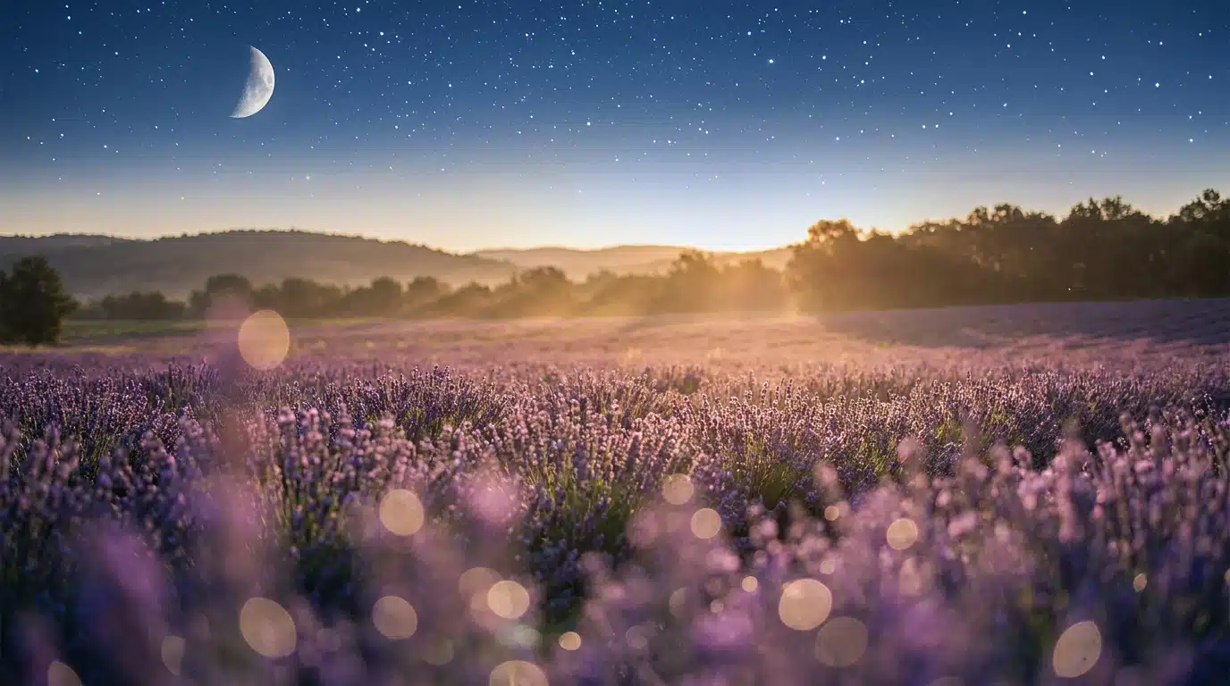 Ciel étoilé avec croissant de lune au-dessus d'un champ de lavande