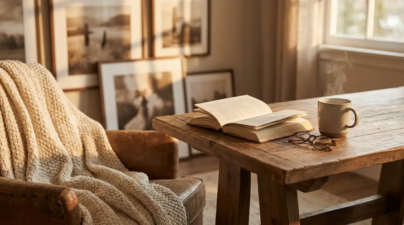 Coin lecture chaleureux avec livre ouvert et tasse de thé