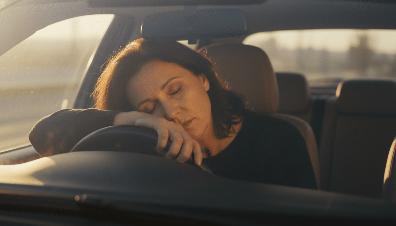 Femme seule épuisée dans sa voiture au crépuscule