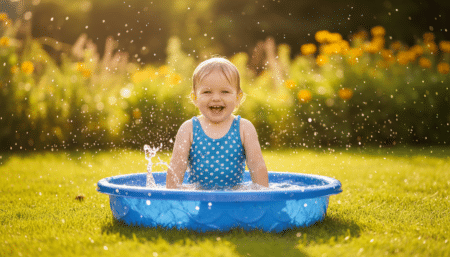 Enfant jouant dans une piscinette bleue dans un jardin ensoleillé