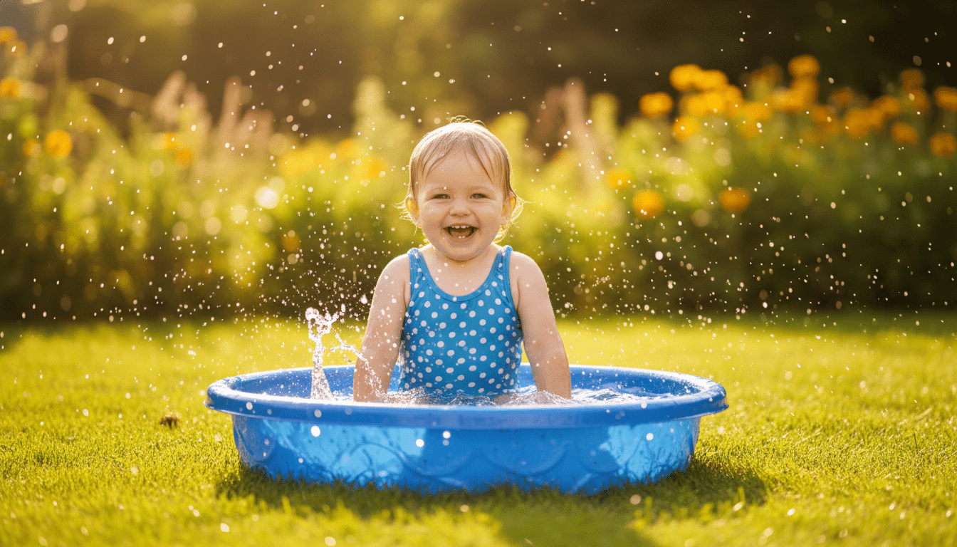 Enfant jouant dans une piscinette bleue dans un jardin ensoleillé
