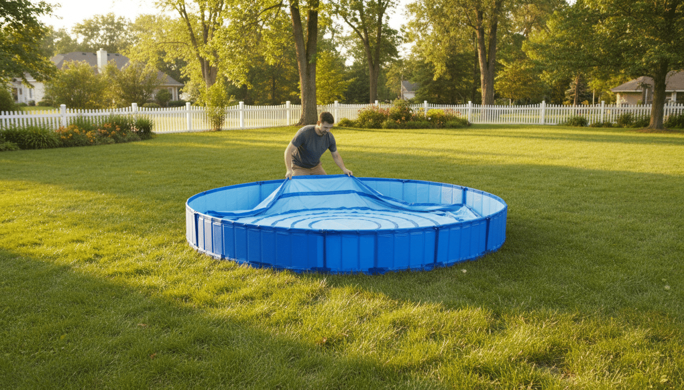 Installation rapide d'une piscinette pliable sur une pelouse