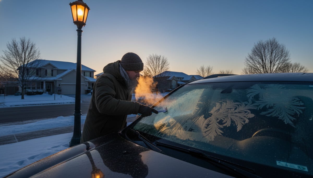 Givre sur pare-brise de voiture par nuit claire