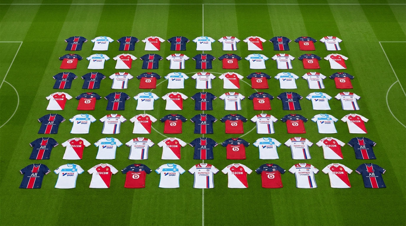 Maillots de clubs de Ligue 1 disposés sur une pelouse verte