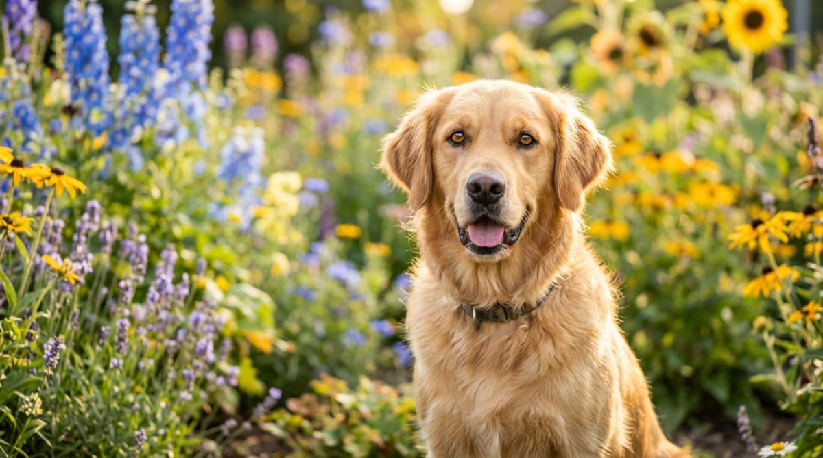 Golden retriever aux yeux expressifs dans un jardin coloré