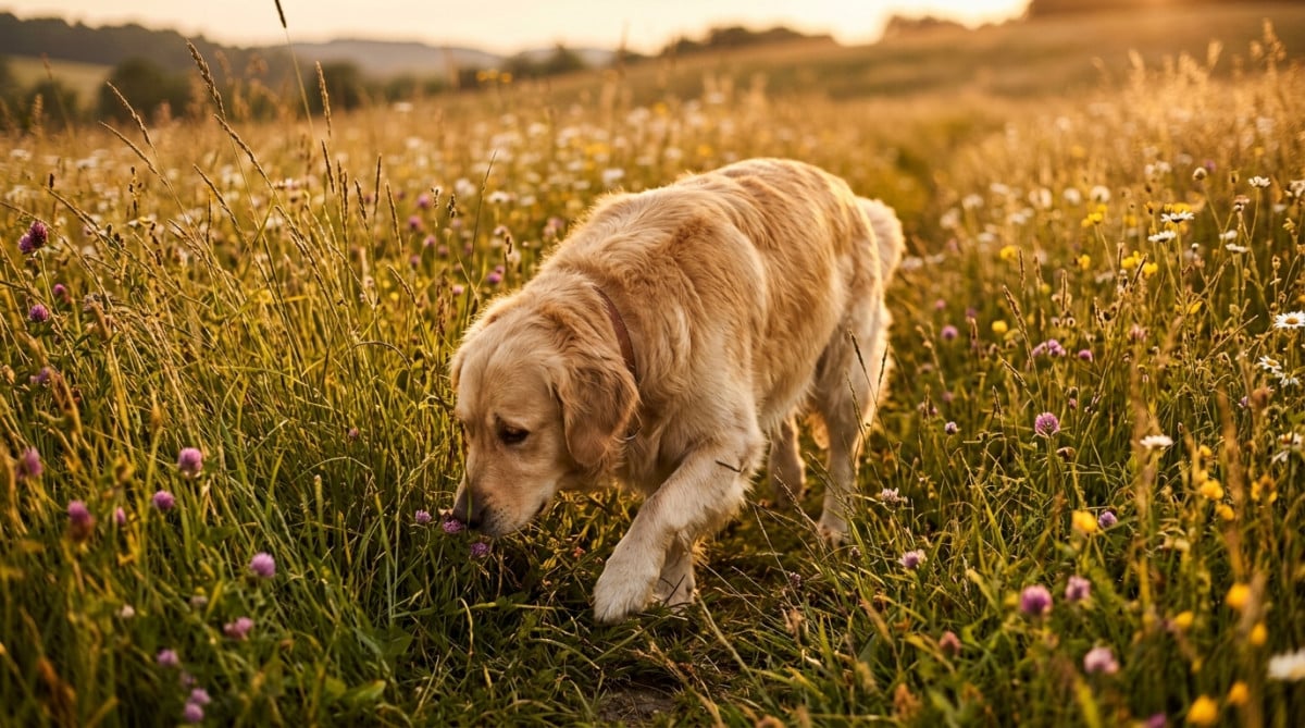 Golden retriever tournant en rond dans l'herbe haute